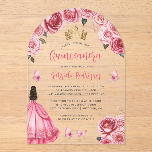 ピンクの金ゴールドフローラバラウォーターカラーキンセアニラ アクリル招待状 (正面)