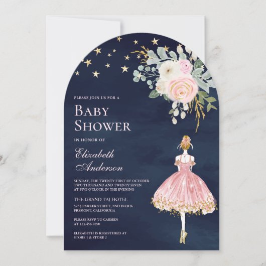 ピンクの金ゴールドフローラバレリーナアーチネイビーベイビーシャワー 招待状 (正面)