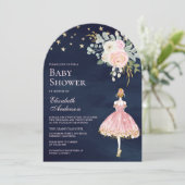 ピンクの金ゴールドフローラバレリーナアーチネイビーベイビーシャワー 招待状 (スタンド正面)