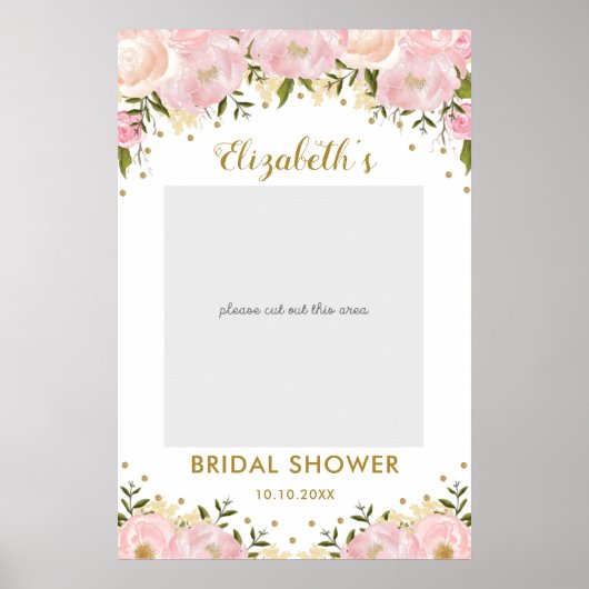 ピンクの金ゴールドフローラブライダルシャワーフォトブースプロップ ポスター (正面)