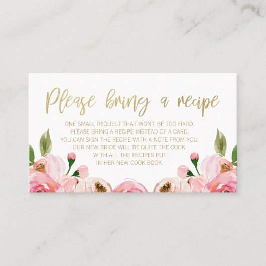 ピンクの金ゴールドフローラブライダルシャワーレシピカードリクエスト 名刺 (正面)