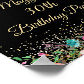 ピンクの金ゴールドフローラブラック誕生日パーティー歓迎サイン ポスター (角)