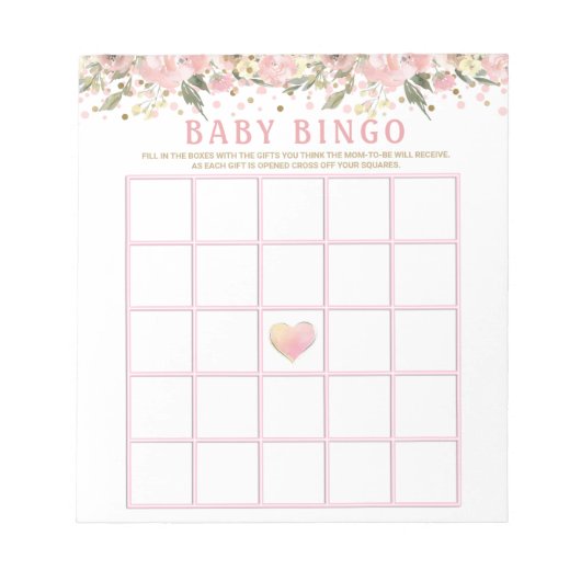 ピンクの金ゴールドフローラベビーシャワービンゴゲームカード ノートパッド (正面)