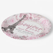 ピンクの金ゴールドフローラボンジュールベビーベイビーシャワー ペーパープレート (アングル)