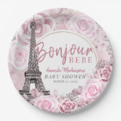 ピンクの金ゴールドフローラボンジュールベビーベイビーシャワー ペーパープレート (正面)