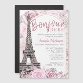 ピンクの金ゴールドフローラボンジュールベビーベイビーシャワー マグネット招待状 (正面/裏面)
