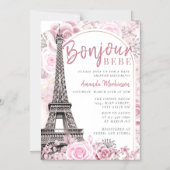 ピンクの金ゴールドフローラボンジュールベビーベイビーシャワー マグネット招待状 (正面)