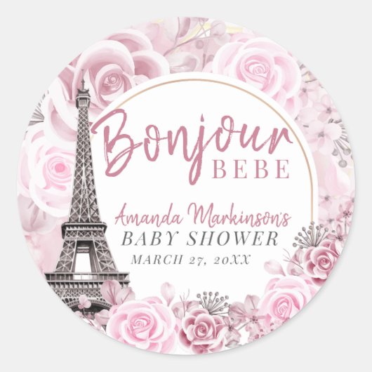 ピンクの金ゴールドフローラボンジュールベビーベイビーシャワー ラウンドシール (正面)