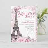 ピンクの金ゴールドフローラボンジュールベビーベイビーシャワー 招待状 (スタンド正面)