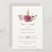 ピンクの金ゴールドフローラユニコーン任意の年齢誕生日招待状 サンキューカード (正面/裏面)