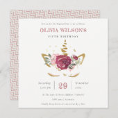 ピンクの金ゴールドフローラユニコーン任意の年齢誕生日招待状 サンキューカード (正面/裏面)