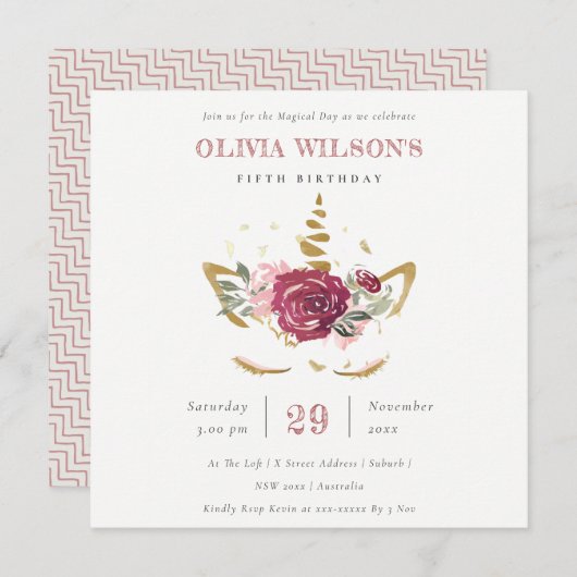 ピンクの金ゴールドフローラユニコーン任意の年齢誕生日招待状 サンキューカード (正面/裏面)