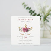 ピンクの金ゴールドフローラユニコーン任意の年齢誕生日招待状 サンキューカード (スタンド正面)