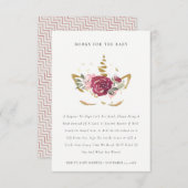 ピンクの金ゴールドフローラユニコーン本の赤ちゃんシャワー エンクロージャーカード (正面/裏面)
