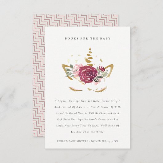 ピンクの金ゴールドフローラユニコーン本の赤ちゃんシャワー エンクロージャーカード (正面/裏面)