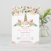 ピンクの金ゴールドフローラユニコーン赤ちゃんシャワー 招待状 (スタンド正面)