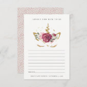 ピンクの金ゴールドフローラユニコーンMum Baby Showerのアドバイス エンクロージャーカード (正面/裏面)