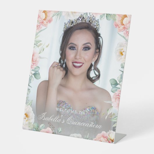 ピンクの金ゴールドフローラ写真キンセアニラ歓迎サイン 台座サイン (正面)