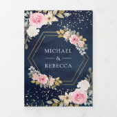 ピンクの金ゴールドフローラ写真QRコードNavy 結婚 Blue's 三つ折り招待状 (カバー)