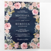 ピンクの金ゴールドフローラ写真QRコードNavy 結婚 Blue's 三つ折り招待状 (内部最初)