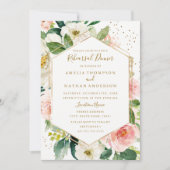 ピンクの金ゴールドフローラ幾何リハーサルディナー 招待状 (正面)