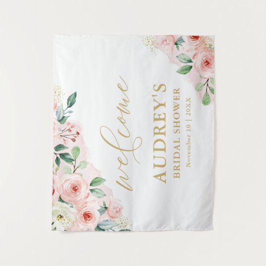 ピンクの金ゴールドフローラ横ブライダルシャワーへようこそ タペストリー (正面)