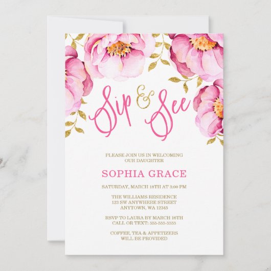 ピンクの金ゴールドフローラ水の色のsipと参照招待状 招待状 (正面)