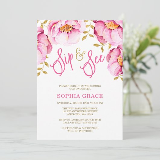 ピンクの金ゴールドフローラ水の色のsipと参照招待状 招待状 (スタンド正面)