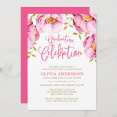 ピンクの金ゴールドフローラ水彩卒業への招待 招待状 (正面/裏面)