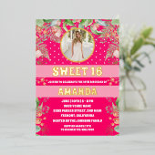 ピンクの金ゴールドフローラ甘い16パーティー写真 箔招待状 (立ち正面)