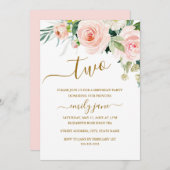 ピンクの金ゴールドフローラ第2の誕生日パーティー 招待状 (正面/裏面)