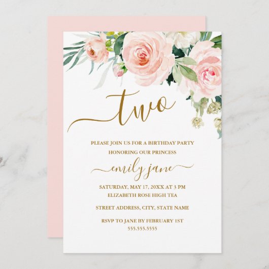 ピンクの金ゴールドフローラ第2の誕生日パーティー 招待状 (正面/裏面)