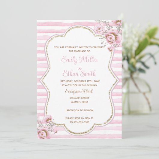 ピンクの金ゴールドフローラ結婚式招待状の水色 招待状 (スタンド正面)