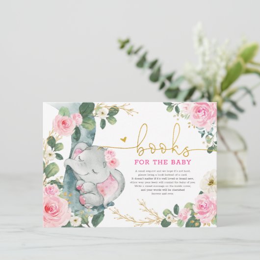 ピンクの金ゴールドフローラ象書籍のためのベビーガール エンクロージャーカード (スタンド正面)