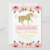 ピンクの金ゴールドフローラ馬の誕生日パーティーの招待 招待状 (正面)