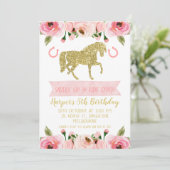 ピンクの金ゴールドフローラ馬の誕生日パーティーの招待 招待状 (スタンド正面)
