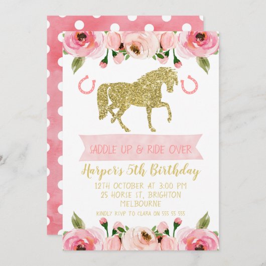 ピンクの金ゴールドフローラ馬の誕生日パーティーの招待 招待状 (正面/裏面)