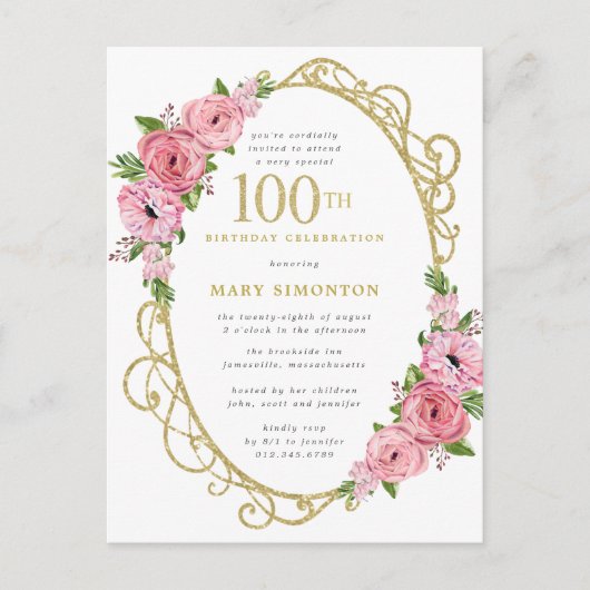 ピンクの金ゴールドフローラ100th誕生日パーティー インビテーションポストカード (正面)