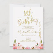 ピンクの金ゴールドフローラ18th誕生日の招待状 招待状 (正面)