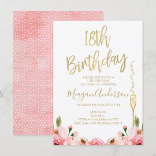 ピンクの金ゴールドフローラ18th誕生日の招待状 招待状