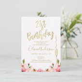 ピンクの金ゴールドフローラ21歳の誕生日の招待 招待状 (スタンド正面)