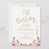 ピンクの金ゴールドフローラ21歳の誕生日の招待 招待状 (正面)