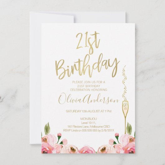 ピンクの金ゴールドフローラ21歳の誕生日の招待 招待状 (正面)
