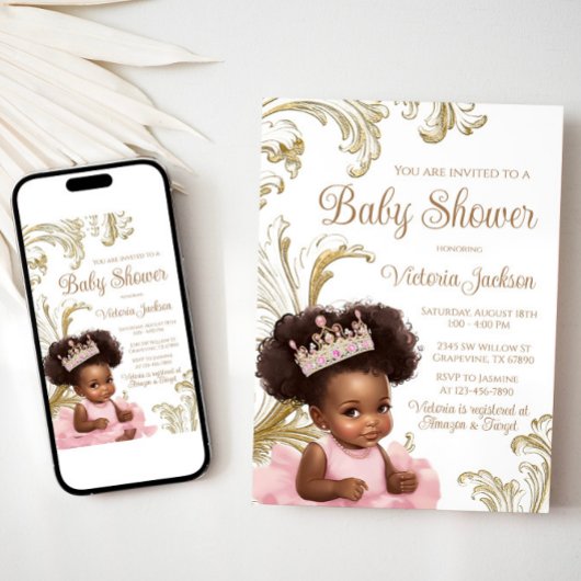 ピンクの金ゴールドブラック赤ちゃんガールシャワー 招待状