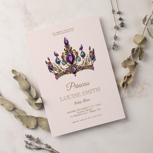 ピンクの金ゴールドプリンセスクラウンフェアユタールバースデーパーティー 招待状