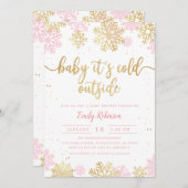 ピンクの金ゴールドベビー外は寒い女の子の赤ちゃんシャワー 招待状 (正面/裏面)