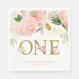 ピンクの金ゴールドホワイト最初の1歳の誕生日かわいいフローラ スタンダードランチョンナプキン