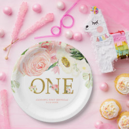 ピンクの金ゴールドホワイト最初の1歳の誕生日かわいいフローラ ペーパープレート
