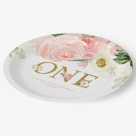 ピンクの金ゴールドホワイト最初の1歳の誕生日かわいいフローラ ペーパープレート (アングル)