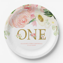 ピンクの金ゴールドホワイト最初の1歳の誕生日かわいいフローラ ペーパープレート